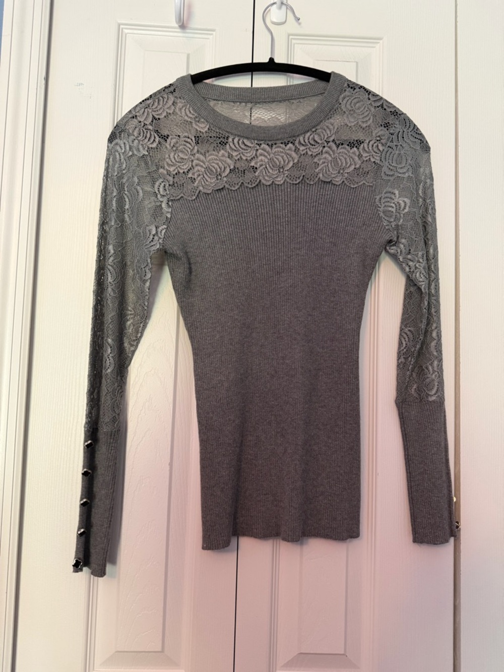 VENUS Gray Lace Yoke Ribbed Long Sleeve Top